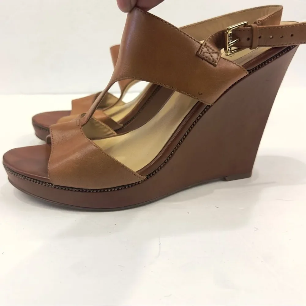 Guess WGFRANCIE Brown Leather Wedge Open Toe Strappy Sandals Women's Sz 10M